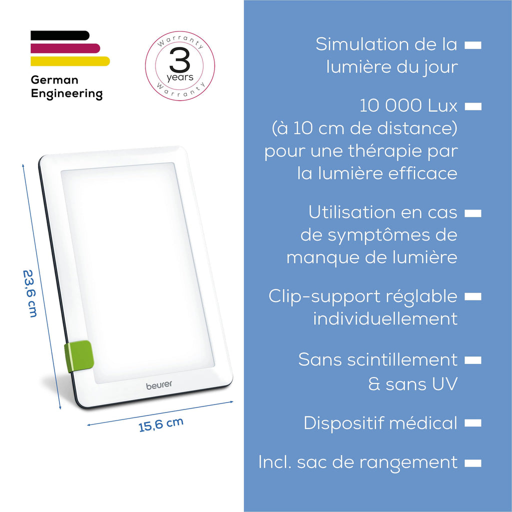 Beurer TL 30 Tageslichtlampe, 10.000 Lux, Tageslichtsimulation, kompakte Tageslichtlampe mit Ständer und Aufbewahrungsbeutel, 23,6 x 15,6 x 2,6 cm