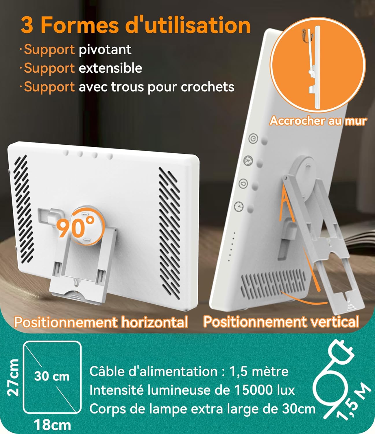 Tageslichtlampe 15000 Lux, Lichttherapielampe, 30cm Kompakte Tageslichtlampe mit 3 Farbtemperaturen, 5 Helligkeitsstufen, 6 Timern und Memory-Funktion