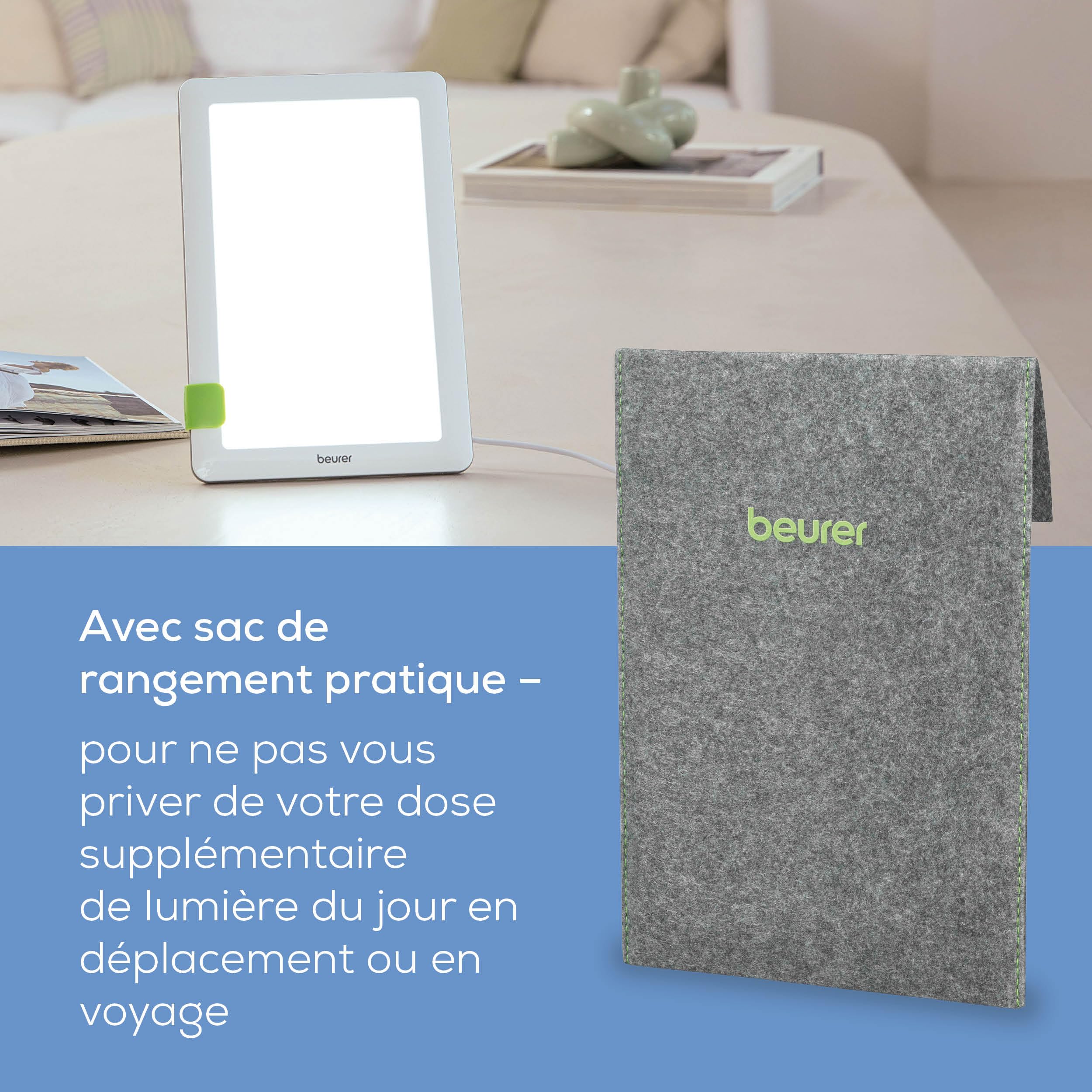 Beurer TL 30 Tageslichtlampe, 10.000 Lux, Tageslichtsimulation, kompakte Tageslichtlampe mit Ständer und Aufbewahrungsbeutel, 23,6 x 15,6 x 2,6 cm